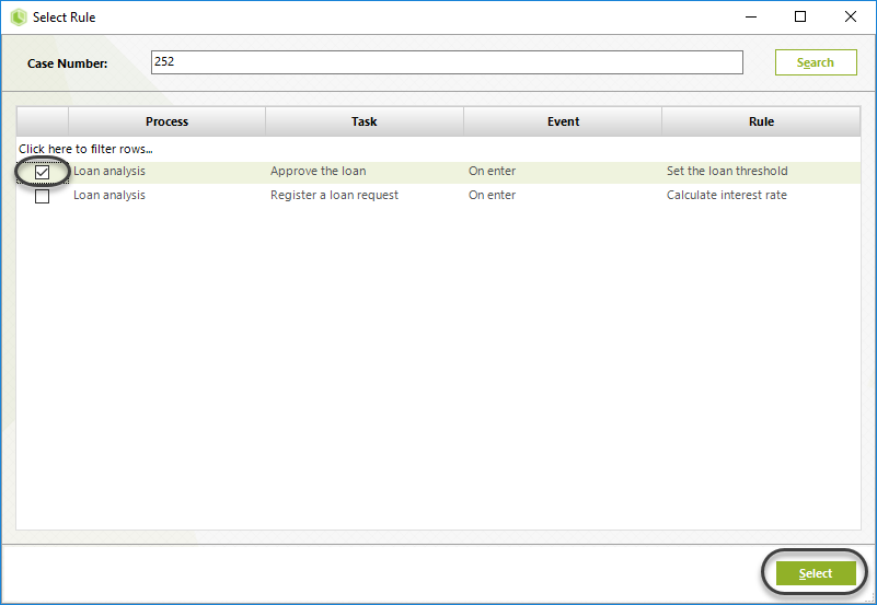 Select the case number to trace the rule