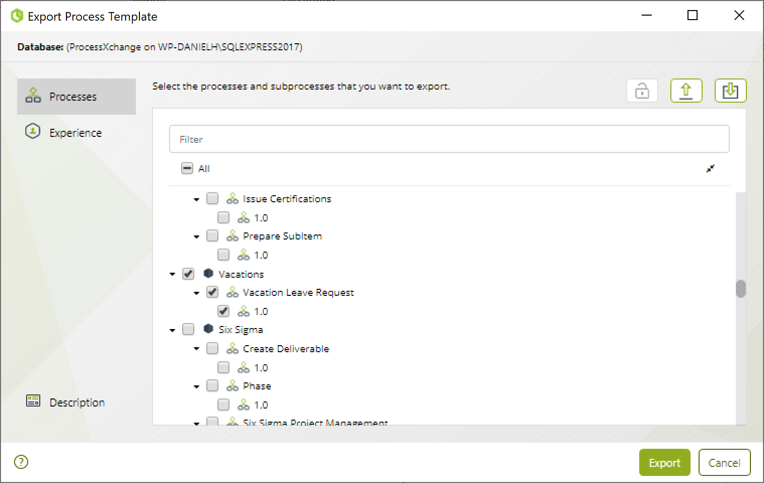 Export window with a process selected and the Export button highlighted