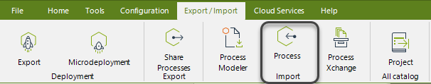 Bizagi Studio with the menu Export/Import and the import process option highlighted