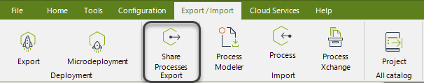 Bizagi Studio with the menu Export/Import and the Share process option highlighted